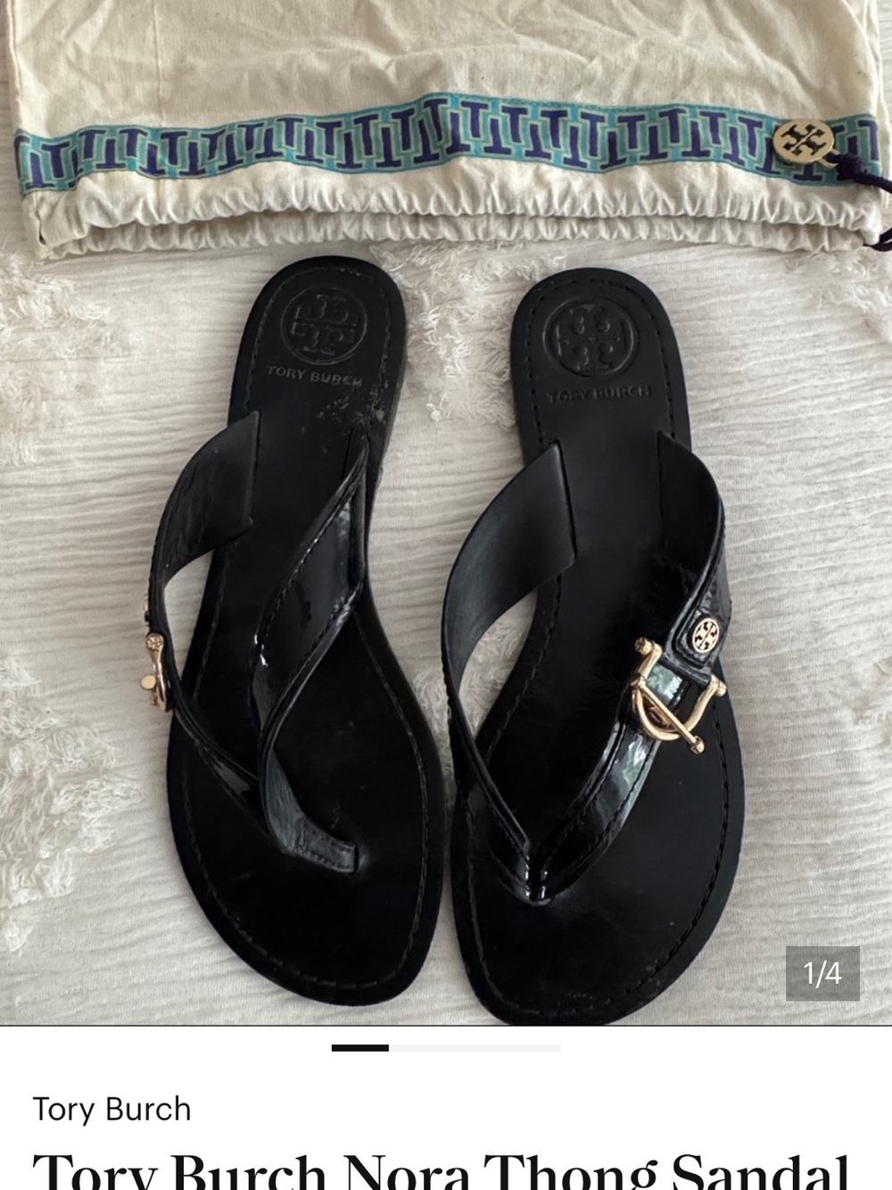 Tory Burch Black Patent Leather Thong Sandals with Gold Accent